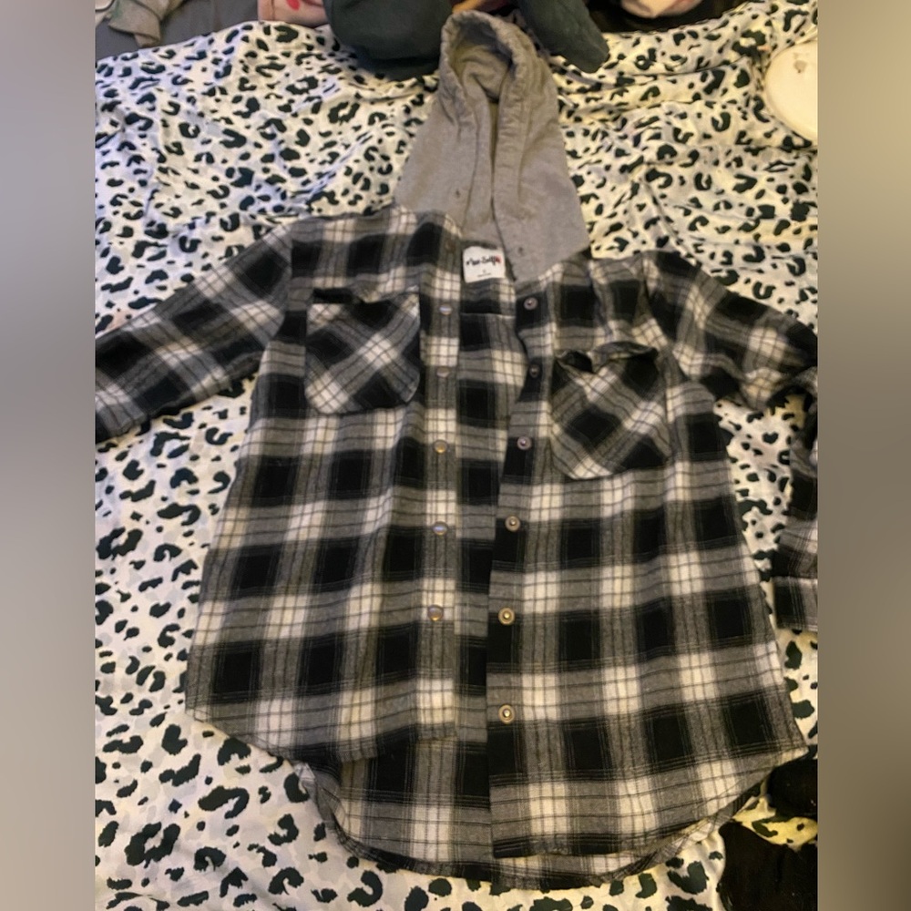 Urban Republic Black and Gray Plaid Hooded Shirt